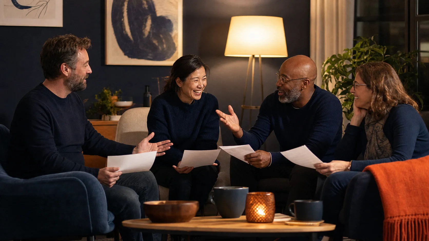 A small cohort of adults in a warm, lamplit room, papers in hand, mid-conversation.