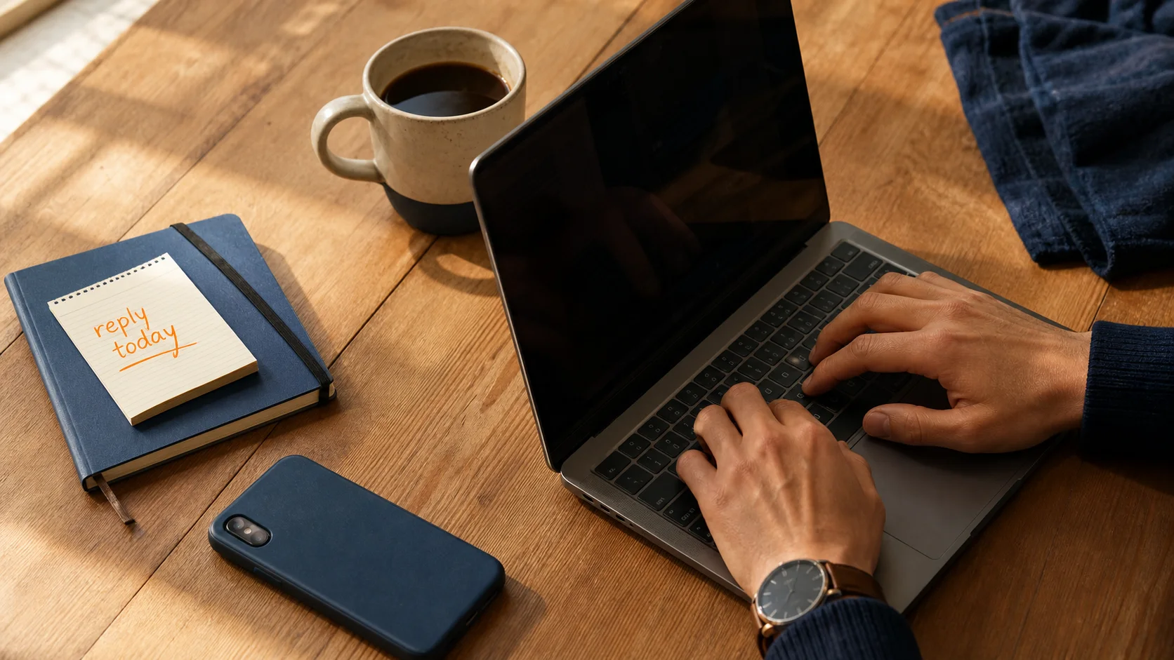 A focused remote workspace: a laptop, planner, and coffee on a wooden desk.