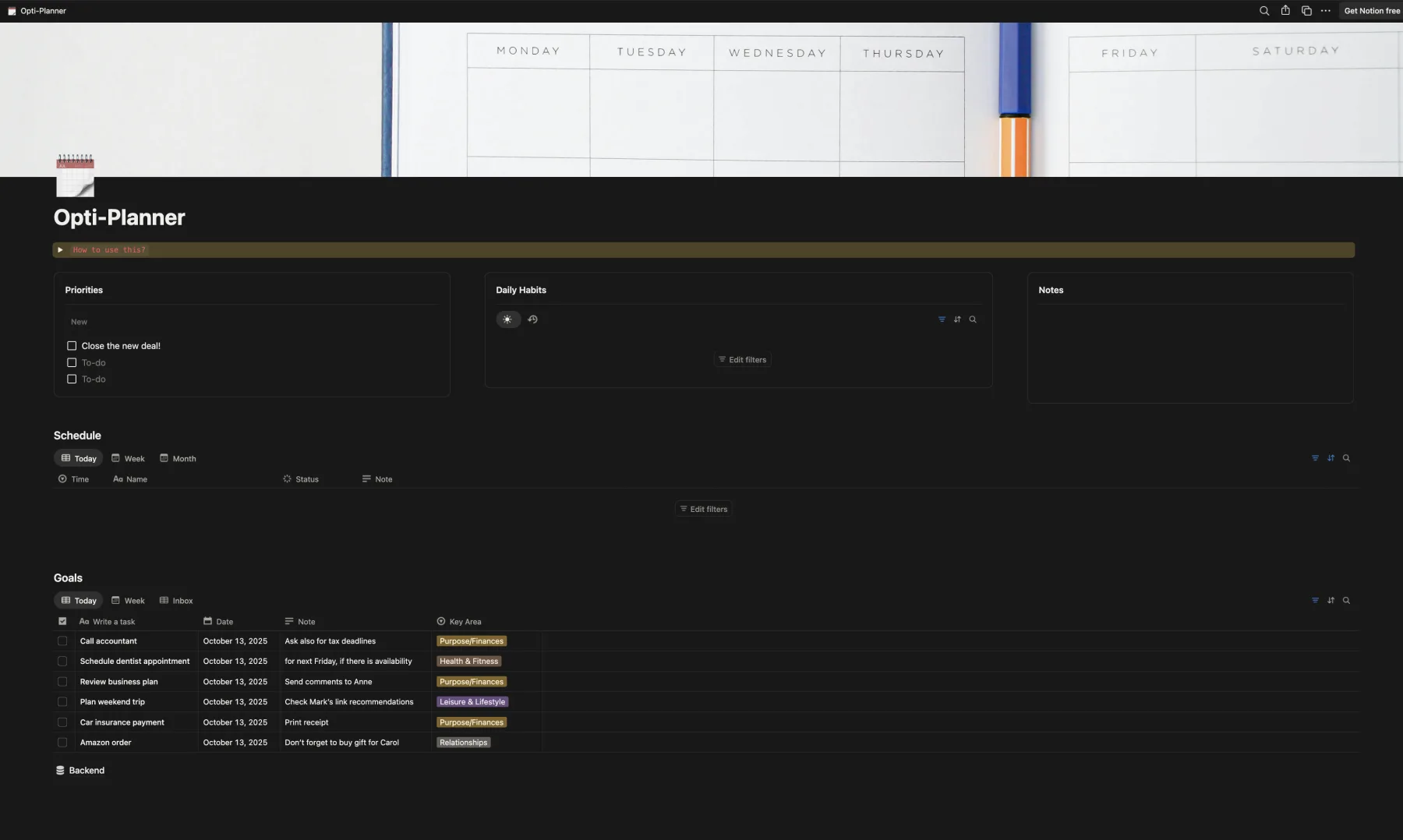 A clean Notion planner workspace — a board of goals, projects, and a planner backlog.