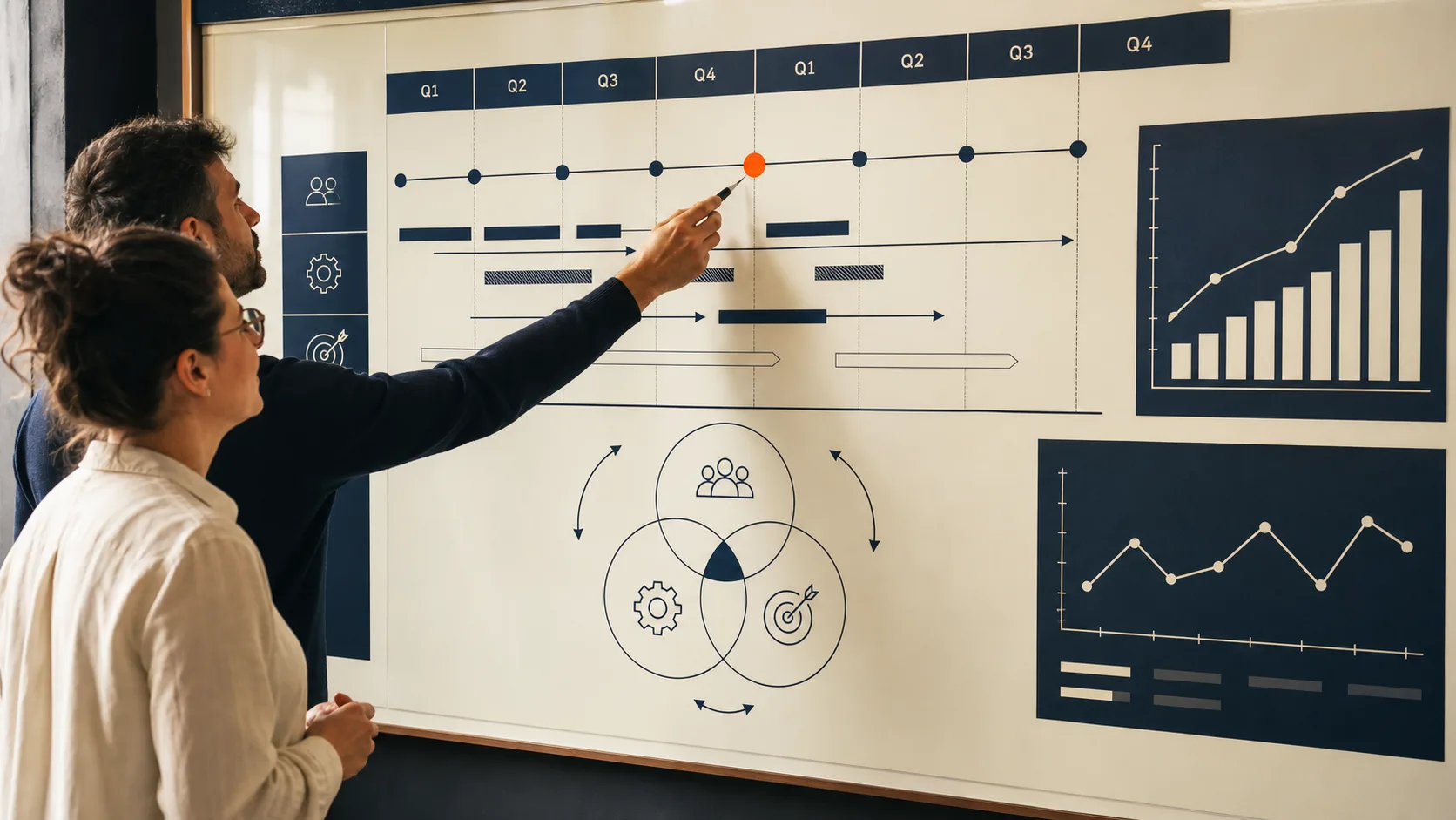 A strategy board: a quarterly roadmap with milestones, a people-process-purpose alignment diagram, and performance dashboards.