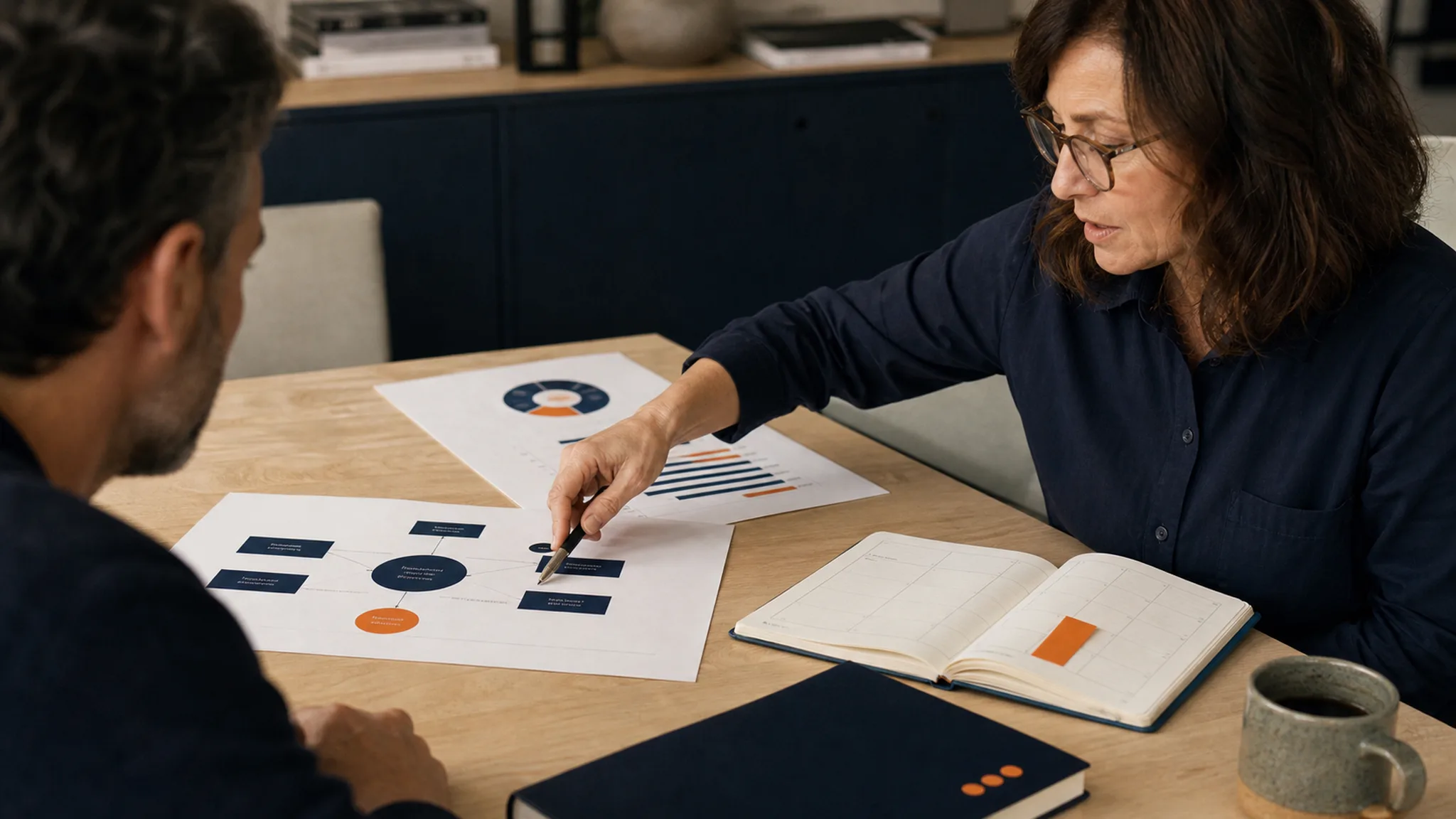 A consultant reviewing charts and a plan with a client across a desk.
