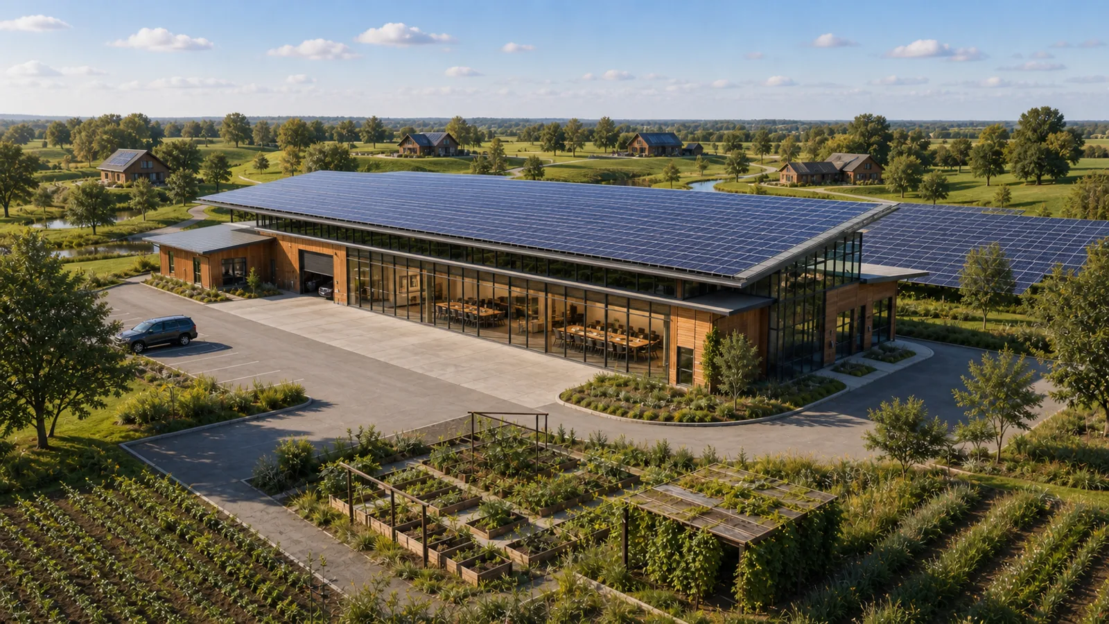 A modern solar-powered campus: a long building with a glass-wrapped conference room and a single vehicle bay, rooftop and canopy solar arrays, a community garden, and matching farmhouse-style self-sustaining solar homes set across renewed, rolling green grounds with ponds and winding paths.