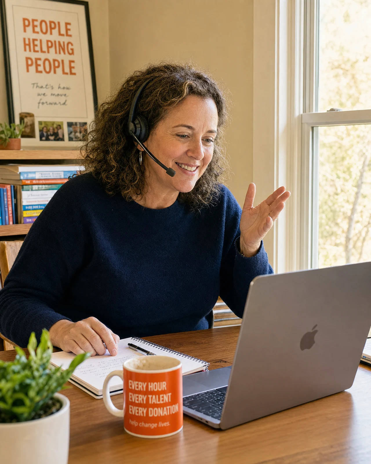 A volunteer on a laptop video call from a home desk.
